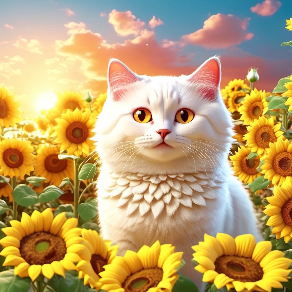 REALISTIC
CUTE happy WHITE CATS playing among sunflowers and roses, several white cats playing with sunflowers and roses, hdr, 8k, subsurface scattering, specular light, high resolution, octane rendering,cat