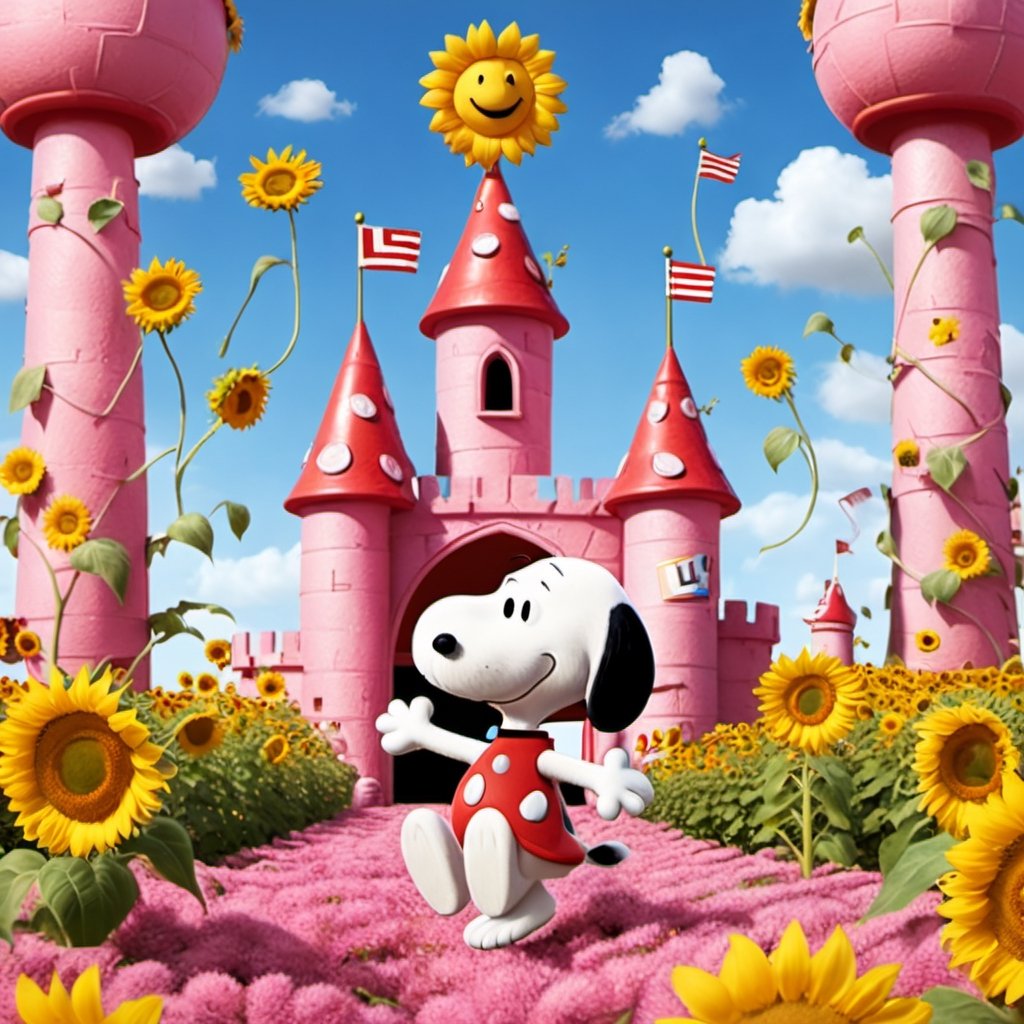 
SNOOPY PLAYING IN A PINK CASTLE FULL OF SUNFLOWERS, flags with the letter L