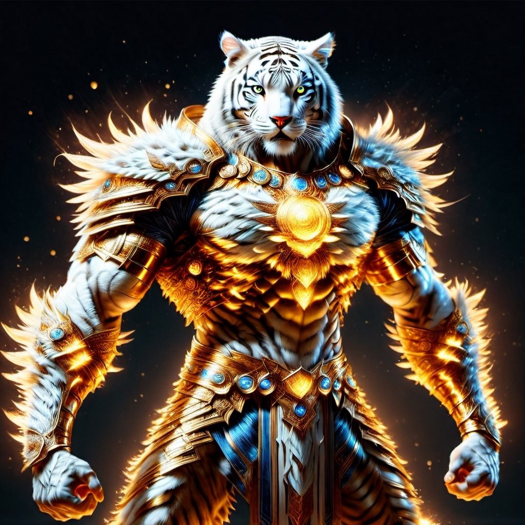 Realistic
FULL BODY IMAGE, Description of a [super MUSCLE white HUMAN TIGER white WARRIOR with TIGER head] muscular arms, very muscular and very detailed, LEFT ARM WITH REINFORCED HEAVY BRACELET with solid shield, right hand holding a FIRE SWORD, dressed in armor illuminated gold medallion, a letter H medallion, hdr, 8k, subsurface scattering, specular lighting, high resolution, octane rendering, ILLUMINATED GOLDEN WHEAT BACKGROUND IN OPEN FIELD, FULL BODY IMAGE, tiger head, super muscular legs,more detail XL,white skin,HYPER MUSCLE,FULL BODY IMAGE,VERY MUSCLE, VERY STRONG