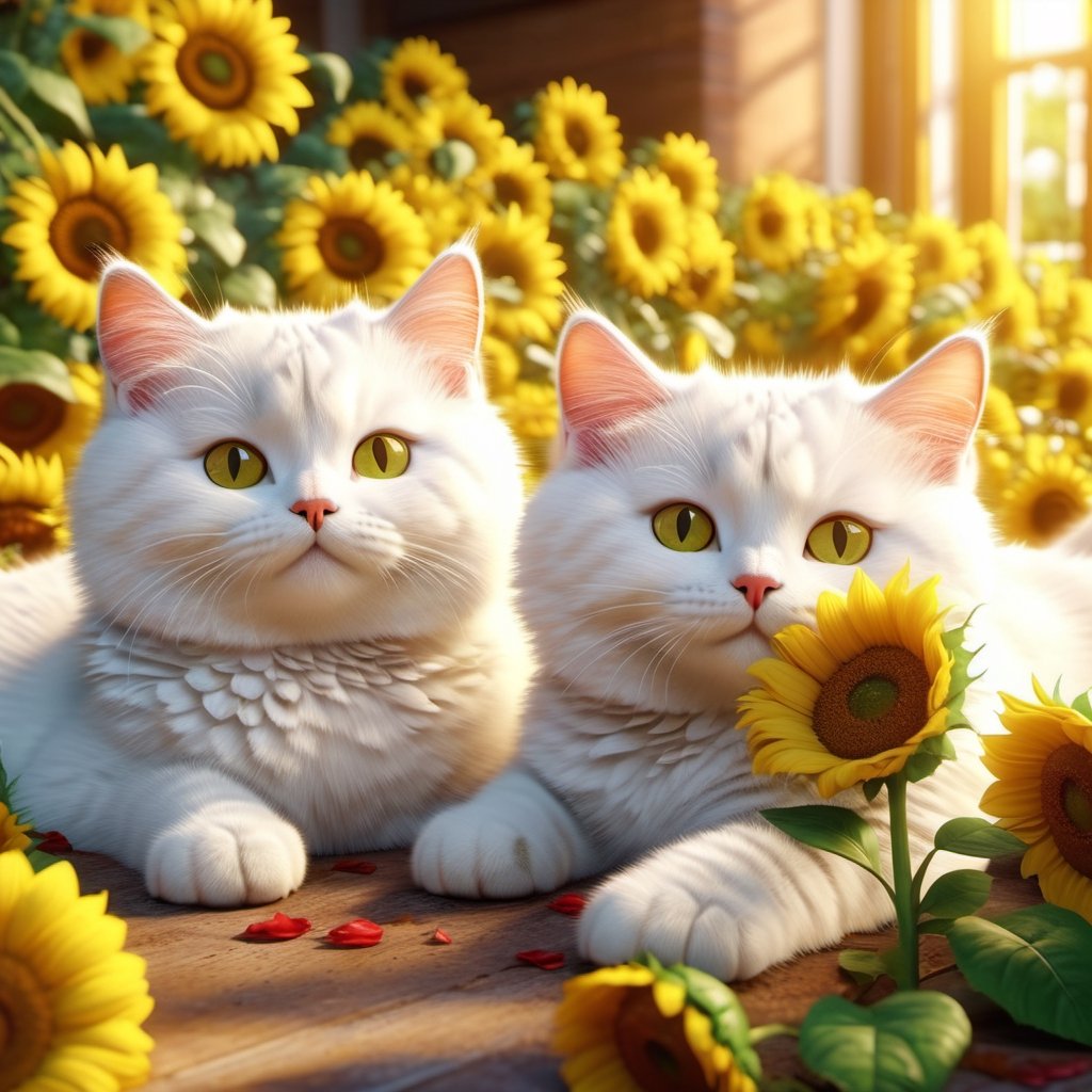 REALISTIC
CUTE WHITE CATS resting and playing among sunflowers and roses, several white cats playing with sunflowers and roses,hdr, 8k, subsurface scattering, specular light, high resolution, octane rendering,cat,more detail XL