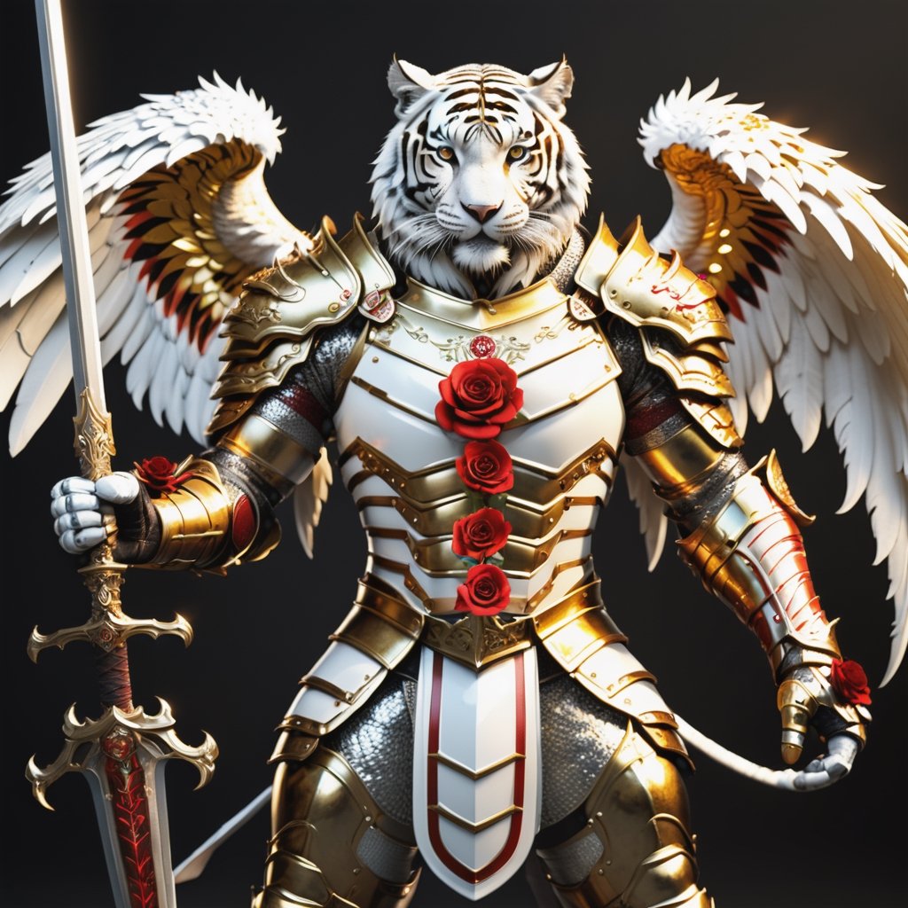 Realistic
[A WHITE HUMAN TIGER knight in golden armor], muscular arms, very muscular, dressed in golden full armor filled with red roses, Medallion with the letter H, (((metal gloves with long sharp blades, swords on the arms) )), (metal sword with transparent fire blade).holding it in the right hand, full body, hdr, 8k, subsurface scattering, specular light, high resolution, octane rendering, ANGELS background,(((ANGELS PROTECTING THE HUMAN TIGER))), transparent fire sword, fire whip held in his left hand, (((BACKGROUND FULL OF ANGELS WITH WHITE WINGS PROTECTING THE HUMAN TIGER))),