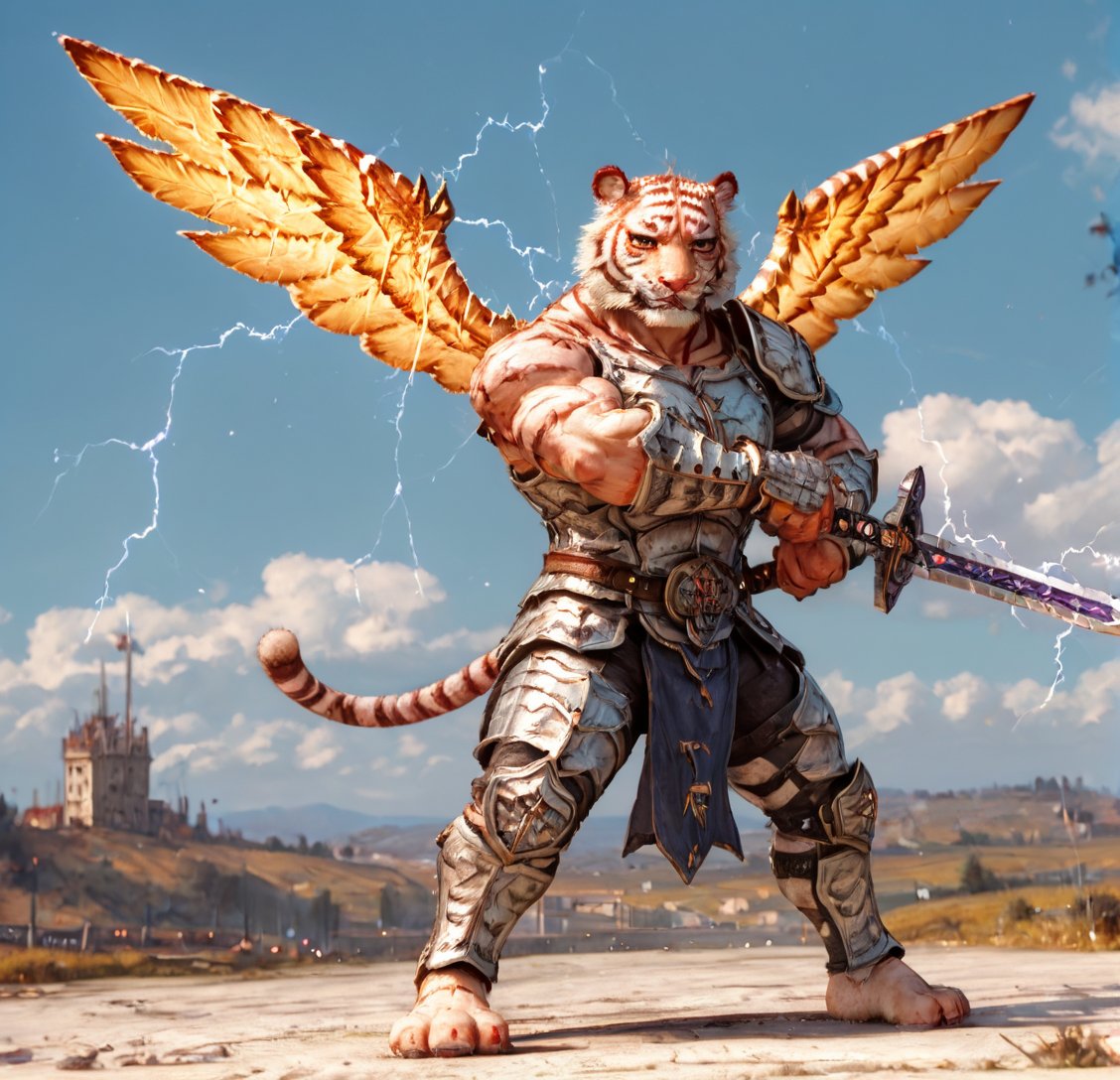 3D rendering of a very muscular and highly detailed (((male white human tiger with wings))) wearing finely detailed armor with armored plates, electricity running through his body, full body armor, medallion with the letter H, metal gloves with blades, swords in arms, solid metal sword in right hand, full body, hdr, 8k, subsurface scattering, specular light, high resolution, octane rendering, field background