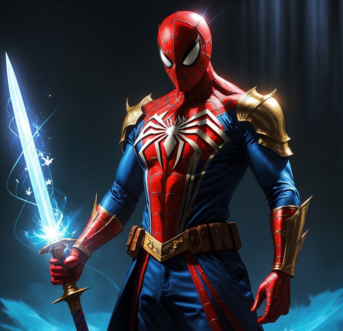 White SPIDERMAN, wears a WHITE suit, uses two blue fire swords, one in each hand, standing on a golden path, holds a blue fire sword in his right hand and a very shiny transparent blue sword in his left hand, muscular , muscular arms, best quality, teacher's workmanship, 8k, uhd, bright light, realistic style, has a letter H on his suit, hyper detailed muscles, DAY lighting, has a belt with letter H buckle,armor,nhdsrmr, rmspdvrs,White SPIDERMAN