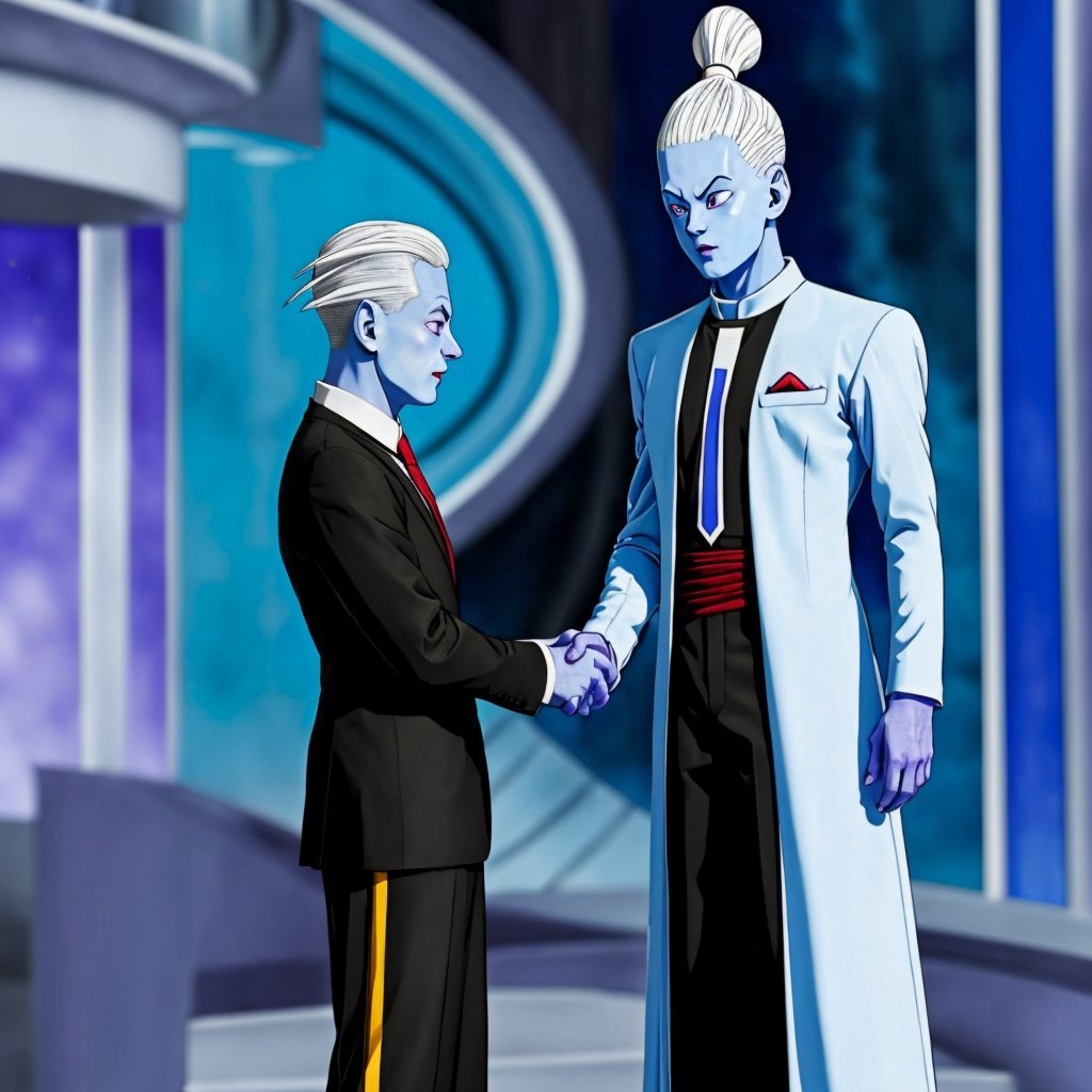 WHIS character in a man from Dragon Ball wearing a tuxedo, suit with tie, very elegant dress jacket with tie, WHIS in a man, blue skin, abundant white hair standing upright hair style with spikes