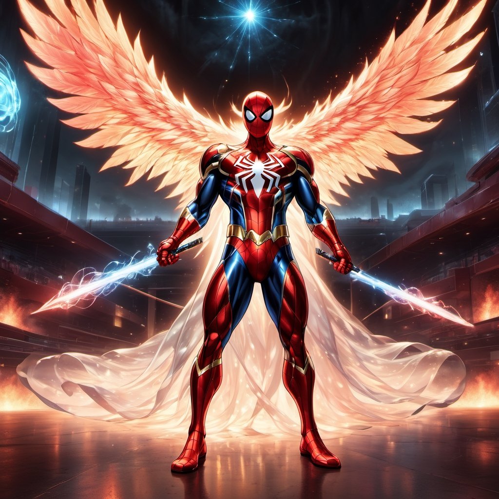 Realistic
Description of a very muscular and highly detailed [WHITE SPIDERMAN with WHITE wings], dressed in full body armor filled with red roses with ELECTRIC LIGHTS all over his body, bright electricity running through his body, full armor, letter medallion. H, H letters all over uniform, H letters all over armor, metal gloves with long sharp blades, swords on arms. , (metal sword with transparent fire blade).holding it in the right hand, full body, hdr, 8k, subsurface scattering, specular light, high resolution, octane rendering, field background, ANGEL WINGS,(ANGEL WINGS ), transparent fire sword, golden field background with red ROSES, fire whip held in his left hand, fire element, armor that protects the entire body, (SPIDERMAN) fire element, fire sword, golden armor, medallion with letter H on his chest,more detail XL,cyborg style,salttech,flower4rmor,hdsrmr,DonMPl4sm4T3chXL ,xxmix_girl