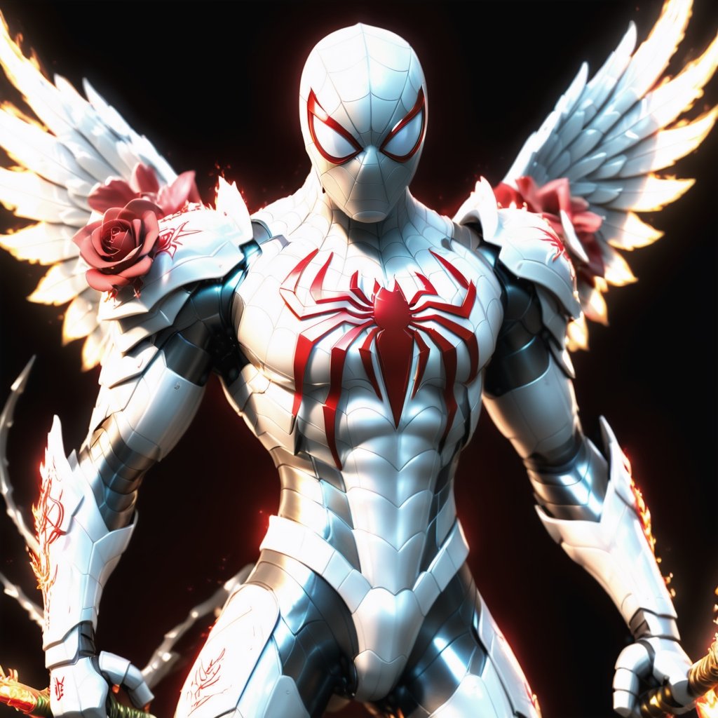 Realistic
Description of a very muscular and highly detailed [WHITE SPIDERMAN with WHITE wings], dressed in full body armor filled with red roses with ELECTRIC LIGHTS all over his body, bright electricity running through his body, full armor, letter medallion. H, H letters all over uniform, H letters all over armor, metal gloves with long sharp blades, swords on arms. , (metal sword with transparent fire blade). in right hand, full body, hdr, 8k, subsurface scattering, specular light, high resolution, octane rendering, field background, ANGEL WINGS,(ANGEL WINGS), transparent fire sword, golden field background with ROSES red, fire whip in his left hand, fire element, armor that protects the entire body, (SPIDERMAN) fire element, fire sword, golden armor, medallion with letter H on his chest,fire element