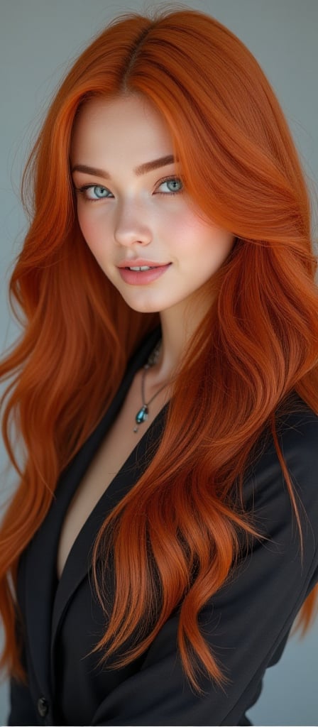 "A stunning 25-year-old white woman with a striking and elegant model-like physique. She has long,  vibrant red hair casca...