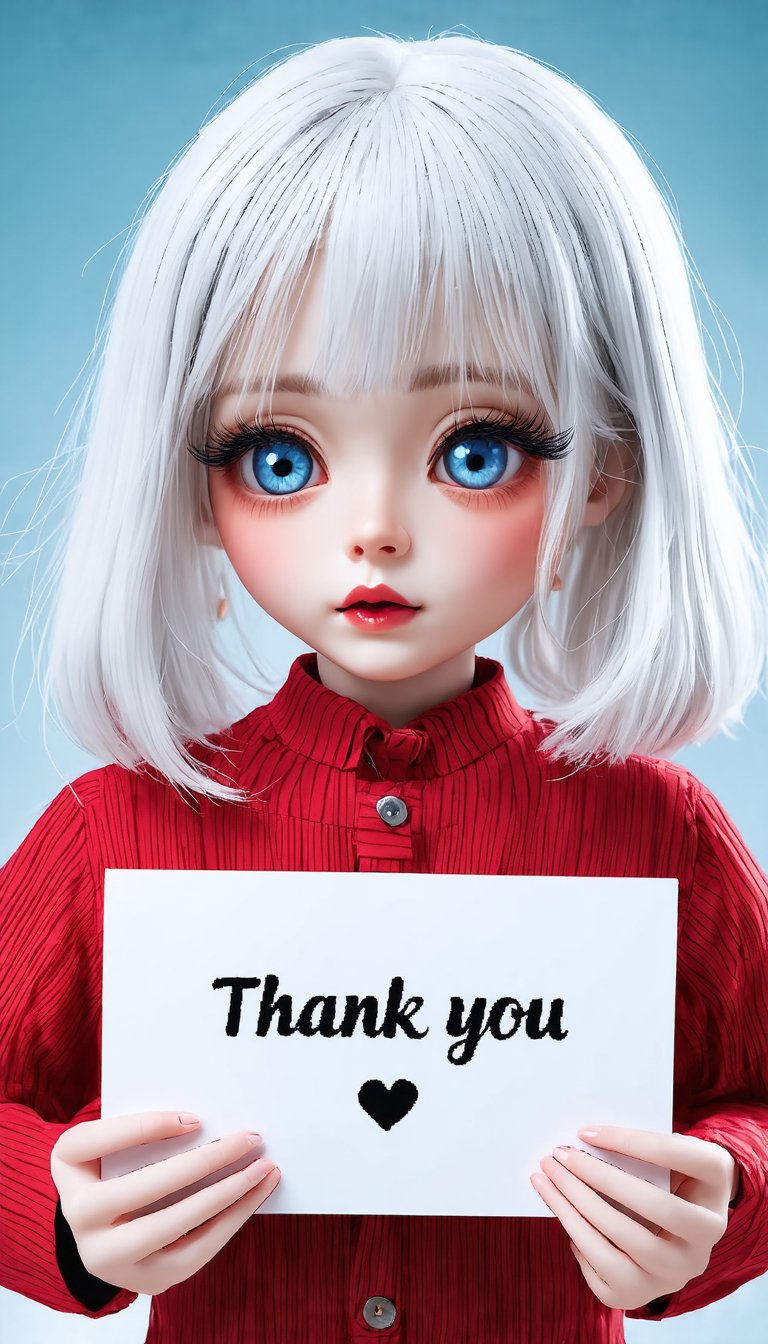 (Very pretty Chinese supermodel girl, with beautiful white hair, big blue eyes, bright and vibrant, long and thick eyelashes, holding a big sign with the words "Thank you ♥" in both hands. The background is cute, light tones, Mark Ryden style), detailed texture, high quality, high resolution, high precision, realism, color correction, suitable lighting setup, harmonious composition, Behance work, text, the text is "Thank you"