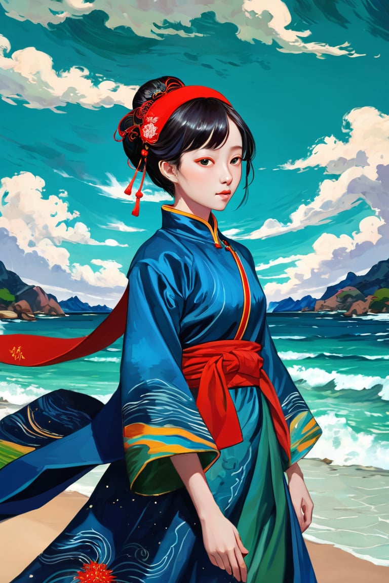 Rising Sun Beach, a girl dressed in traditional Chinese Tang suit clothing, depicted in the style of a Van Gogh painting. Her clothing features simple patterns and bright colors, typical of Chinese textiles, and includes an intricately decorated cape and headband. The brushstrokes are bold and expressive, with swirling textures and dynamic movement reminiscent of Van Gogh's signature style. The background is a natural landscape with a vivid, swirling sky and lush greenery, painted in an equally dynamic and textured manner, reinforcing the girl's connection to her cultural heritage. ",Visual_Illustration,ruanyi0715