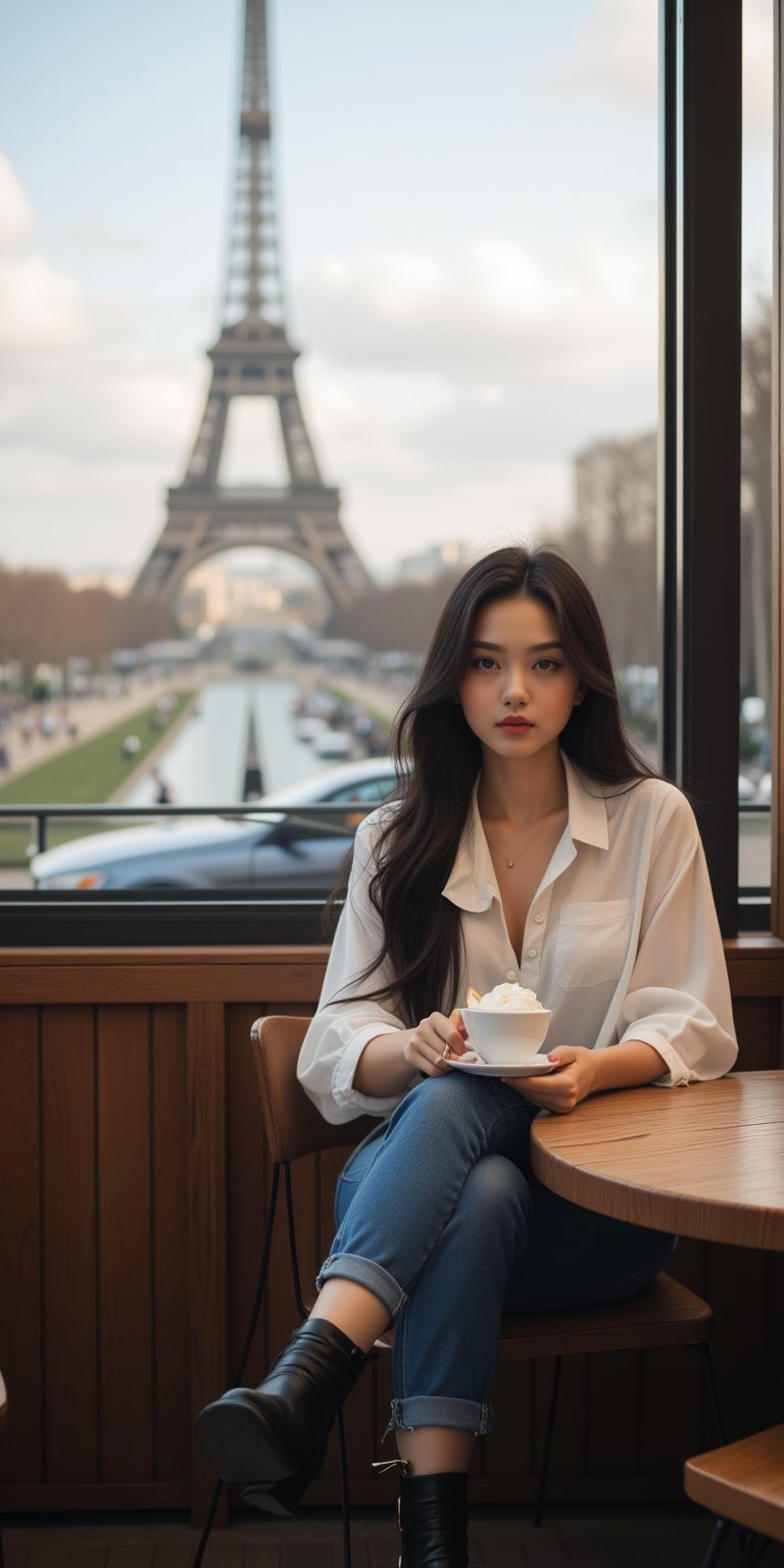 A medium shot of a stunning young woman with long black hair, delicately beautiful, wearing a white blouse, jeans, and black boots, sipping coffee in a simple café with a view of the Eiffel Tower in Paris, capturing a serene ambiance with the city’s morning light illuminating the scene, shot with a Sony A7R IV, 50mm f/1.4 lens, featuring soft, warm tones。By 007