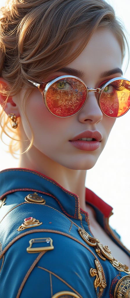 Super detailed A high quality 8K image of a close-up of a stylish lady in a steampunk style with glasses. The background i...