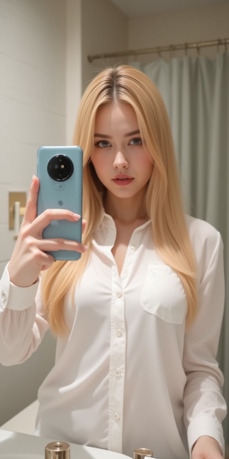 A blonde woman wearing a white men's undershirt takes a selfie in the bathroom holding a Huawei m60 in a confident pose.By...