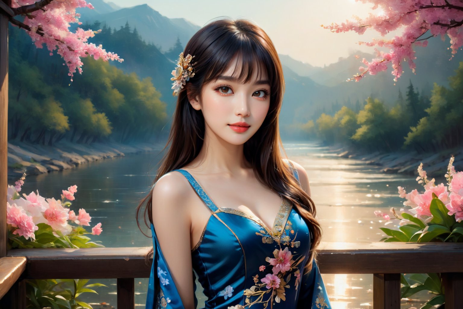 (masterpiece, top quality, best quality, official art, beautiful and aesthetic:1.2), hdr, high contrast, wideshot, 1girl, long black straight hair with bangs, looking at viewer, relaxing expression, clearly brown eyes, longfade eyebrow, soft make up, ombre lips,full breasts , hourglass body, finger detailed, BREAK wearing half naked floral cheongsam, holding flower, (smeling flower), (spring season theme:1.5), windy, spring forest background detailed, ambient lighting, extreme detailed, cinematic shot, realistic ilustration, (soothing tones:1.3), (hyperdetailed:1.2),detailed part,open eyes, seductive eyes, smile,beutiful  forest in the background, standing next to a beautiful creek, night time, steampunk style,mecha,4nime style,4k.,glitter,LinkGirl,dragon