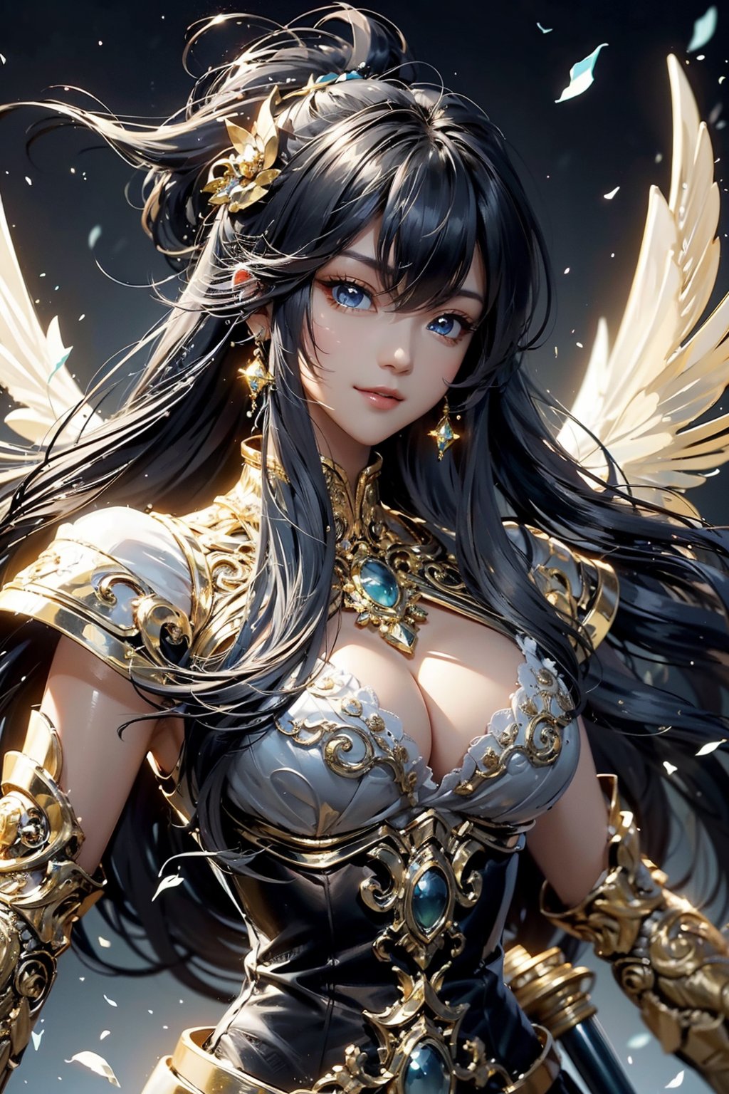 oil painting(medium), flat color, very aesthetic, intricate, best quality ,amazing quality, extremely hyghres resolution, ultra-detailed, intricate detailed face and eyes, intricate line, delicate drawing, (an anime character in the sky holding a sword high over her head, weapon), sword, long hair, black hair, wings, solo, red eyes, thighhighs, holding, holding weapon, feathered wings, holding sword, katana, 1girl, most beautiful korean girl, Korean beauty model, extremely detailed beautiful girl, stunningly beautiful girl, gorgeous girl, 18yo, over sized eyes, big eyes, smiling, looking at viewer, ultra delicate, clearly, super fine illustration, absorbres, pastel art, BREAK beautiful lighting, beautiful glow, more_details:-1, more_details:0, more_details:0.5, more_details:1, more_details:1.5