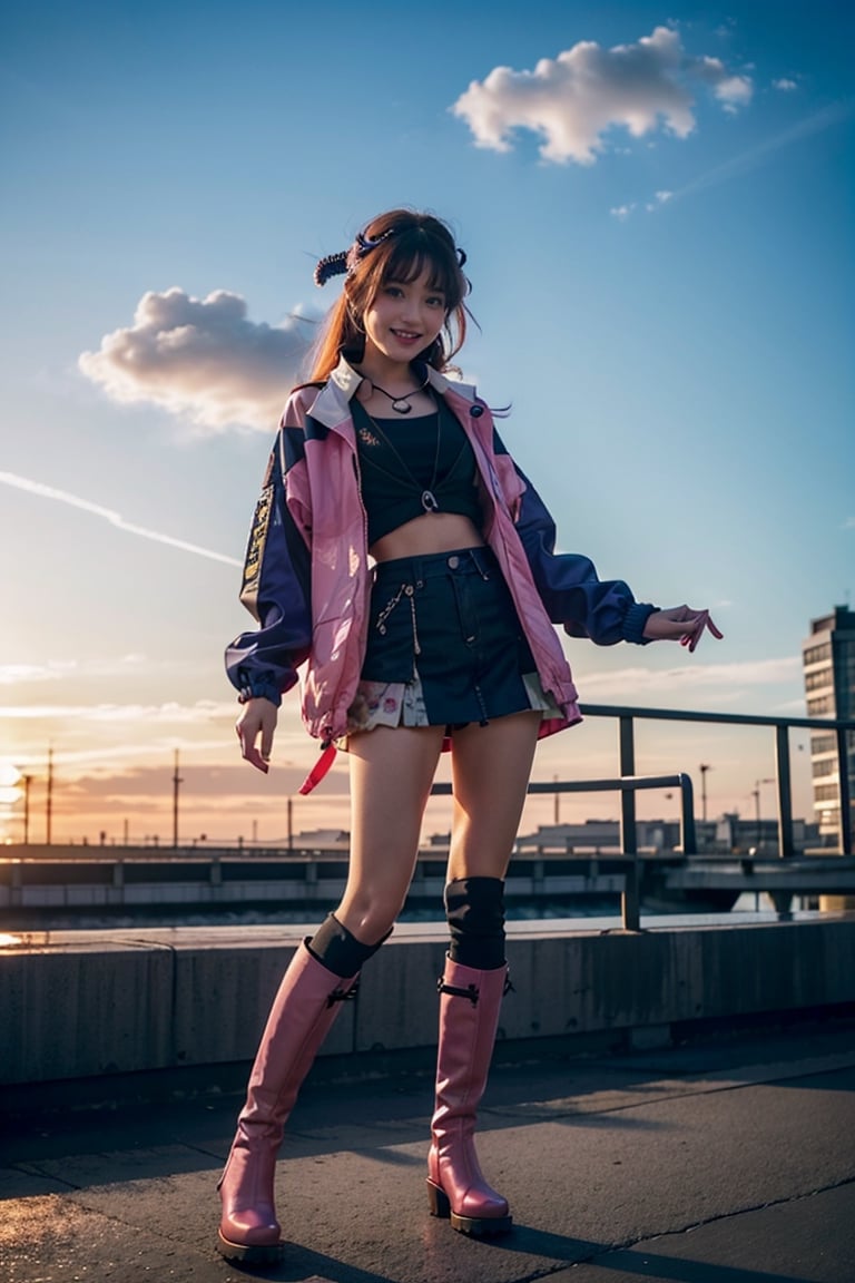 front_view, (1girl, looking at viewer),20-year-old  companion, happy smile, full body view, sunset, ound azure eyes. white long hair, pink shirt , wearing a short floral skirt, wearing long pink riding boots,dynamic pose, delicate pink filigree, intricate filigree, pink wood parts, detailed part, open eyes, seductive eyes, steampunk style, windbreaker made of pink silk, 4nime style,DonMPl4sm4T3chXL ,xxmix_girl,mythical clouds,standing under the blue sky,cloud,Sci-fi,LinkGirl,Chibi ,,bagpipeqr