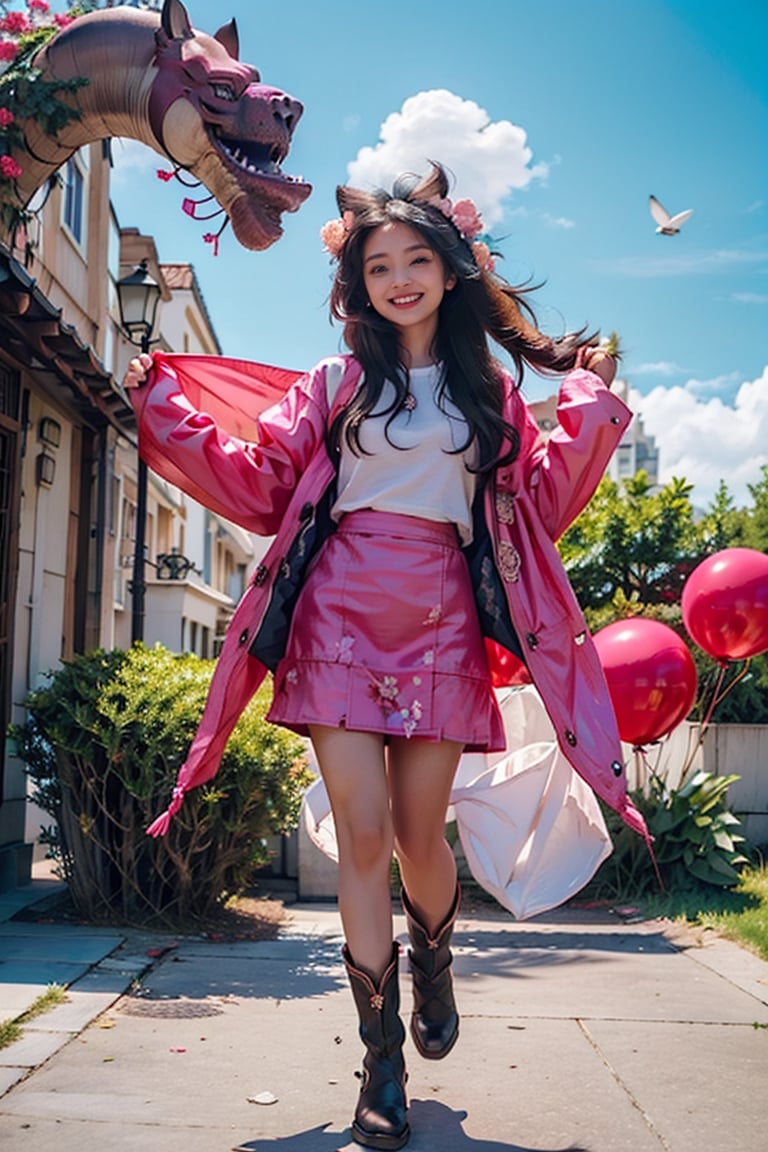 front_view, (1girl, looking at viewer),20-year-old  companion, happy smile, full body view, sunset, ound azure eyes. white long hair, pink shirt , wearing a short floral skirt, wearing long pink riding boots,dynamic pose, delicate pink filigree, intricate filigree, pink wood parts, detailed part, open eyes, seductive eyes, steampunk style, windbreaker made of pink silk, 4nime style,DonMPl4sm4T3chXL ,xxmix_girl,mythical clouds,standing under the blue sky,cloud,Sci-fi,LinkGirl,Chibi ,,bagpipeqr,Animal ear