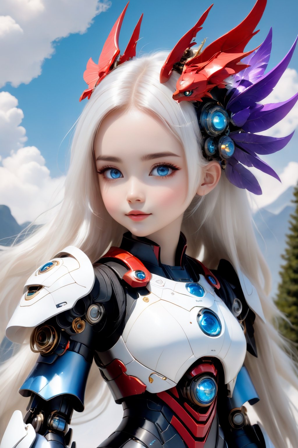 (full length view:1.5), (white background:1.5), (masterpiece, best quality:1.33), Meet a delightful infant robotic companion with a generously sized cranium and expansive, round azure eyes. Mountain, water, trees, a cute baby red dragon, Its charming head is predominantly adorned in a delightful blend of sky blue and purple, leaning more towards the pristine white shade. The round face exudes an endearing appeal, paired with a petite armored body that adds to its adorable nature. All set against a clean and immaculate white background, this baby robot encapsulates the perfect fusion of cuteness and innovation, (high quality, 8k, best composition, symmetry, aesthetic), (made in adobe illustrator:1.33), 

front_view, (1girl, looking at viewer), white long hair, red metalic mechanical_armor, dynamic pose, delicate white filigree, intricate filigree, red metalic parts, intricate armor, detailed part, open eyes, seductive eyes, steampunk style,mecha,4nime style,DonMPl4sm4T3chXL ,xxmix_girl,mythical clouds,EpicSky,cloud,Sci-fi,DonMB4nsh33XL ,robot