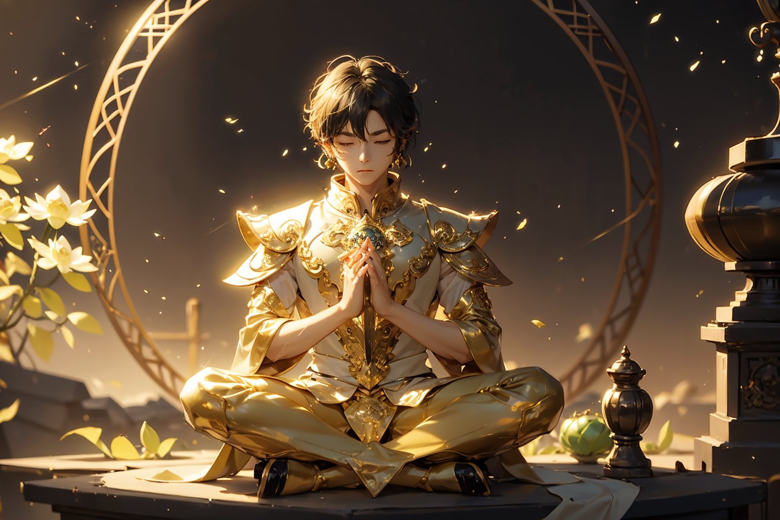 In the sky, there are white clouds,1 cute boy, a solemn and kind appearance, short hair,his eyes closed, With hands clasped together, he sat on a lotus platform , on the Desert.golden lotus.under the big green Bodhi tree.yellow.round golden dharma wheel,minimal lineart,soft shading,semi-realistic proportions.