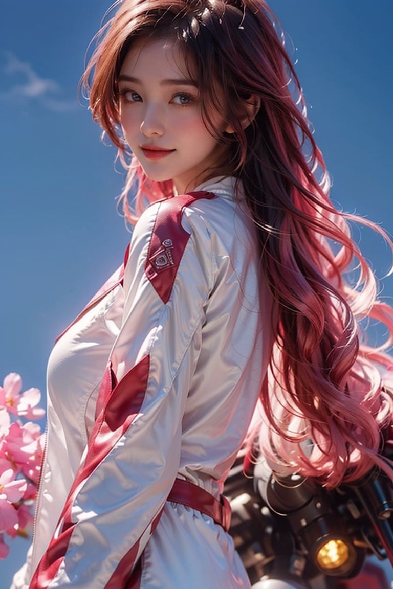 front_view, (1girl, looking at viewer),20-year-old  companion, happy smile, full body view, sunset, ound azure eyes. white long hair, red leather jacket, dynamic pose, delicate pink filigree, intricate filigree, pink wood parts, detailed part, open eyes, seductive eyes, steampunk style, windbreaker made of blue silk, 4nime style,DonMPl4sm4T3chXL ,xxmix_girl,mythical clouds,standing under the blue sky,cloud,Sci-fi,LinkGirl,Chibi ,,