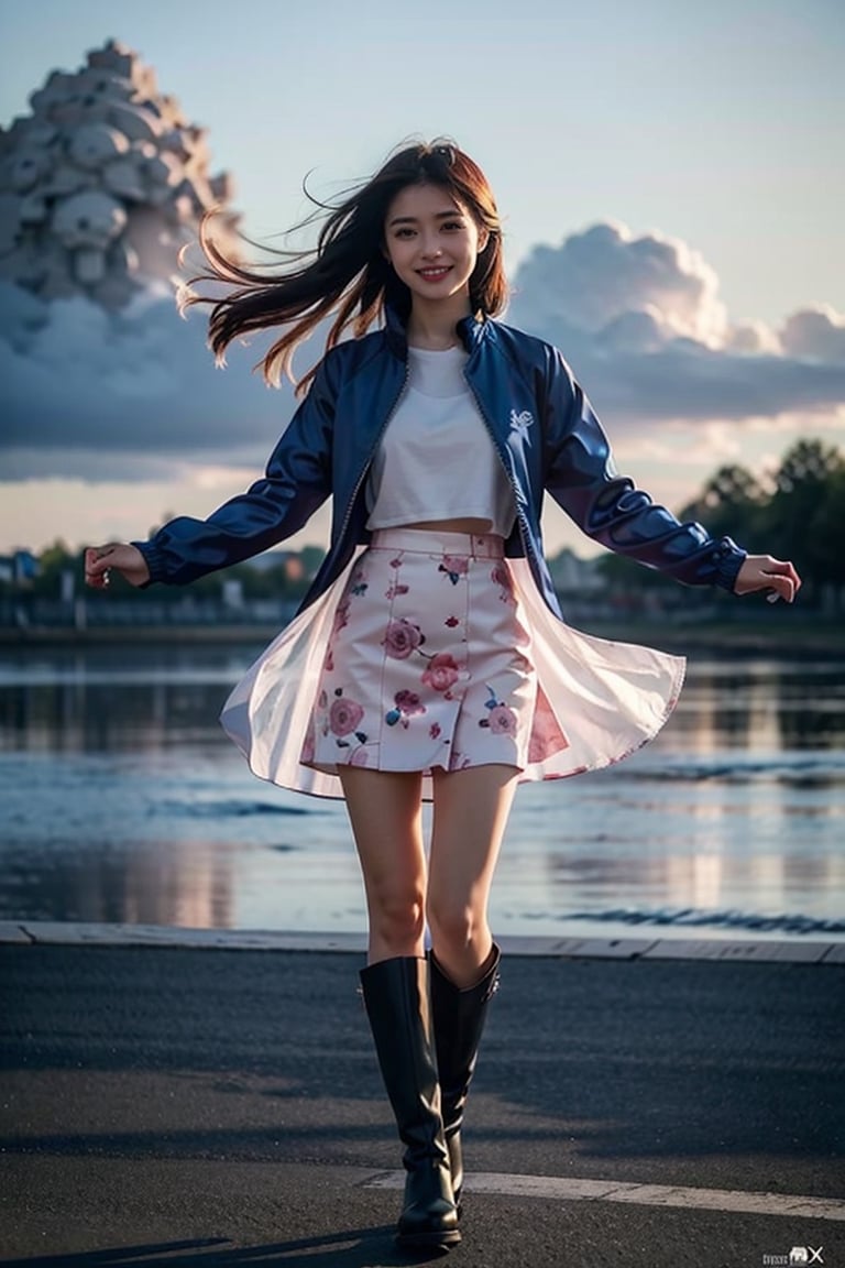 front_view, (1girl, looking at viewer),20-year-old  companion, happy smile, full body view, sunset, ound azure eyes. white long hair, pink shirt , wearing a short floral skirt, wearing long white riding boots,dynamic pose, delicate pink filigree, intricate filigree, pink wood parts, detailed part, open eyes, seductive eyes, steampunk style, windbreaker made of blue silk, 4nime style,DonMPl4sm4T3chXL ,xxmix_girl,mythical clouds,standing under the blue sky,cloud,Sci-fi,LinkGirl,Chibi ,,