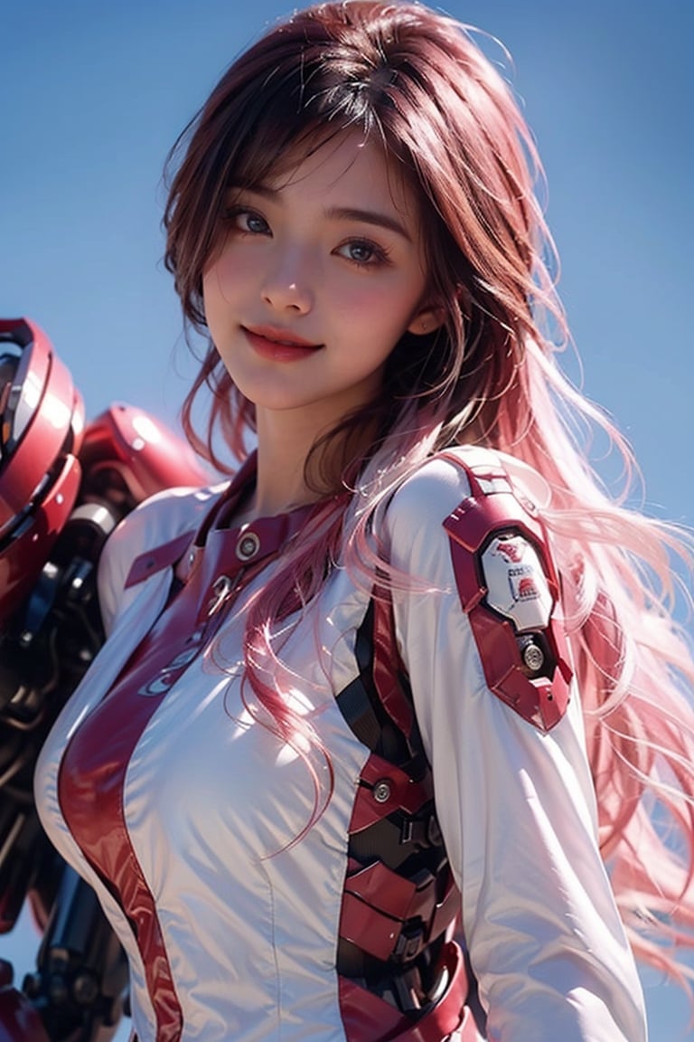 front_view, (1girl, looking at viewer),20-year-old robot companion, happy smile, ound azure eyes. white long hair, red leather jacket, dynamic pose, delicate pink filigree, intricate filigree, pink wood parts, detailed part, open eyes, seductive eyes, steampunk style, windbreaker made of blue silk, 4nime style,DonMPl4sm4T3chXL ,xxmix_girl,mythical clouds,standing under the blue sky,cloud,Sci-fi,LinkGirl,Chibi ,,mecha