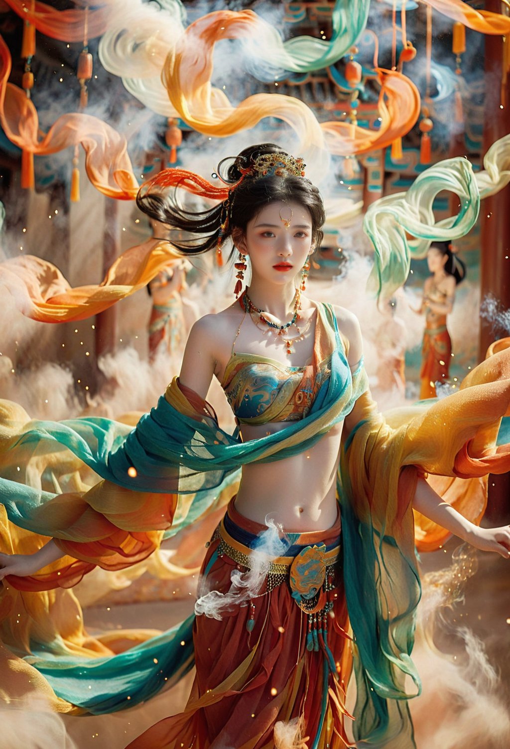 1girl, 16 years old, (beautiful girl), ethereal temperament, calm, solo, looking at the audience, black hair, bare shoulders, jewelry, standing, earrings, necklace, light particles, shawl, red lips, Dunhuang, smoke, Dunhuang