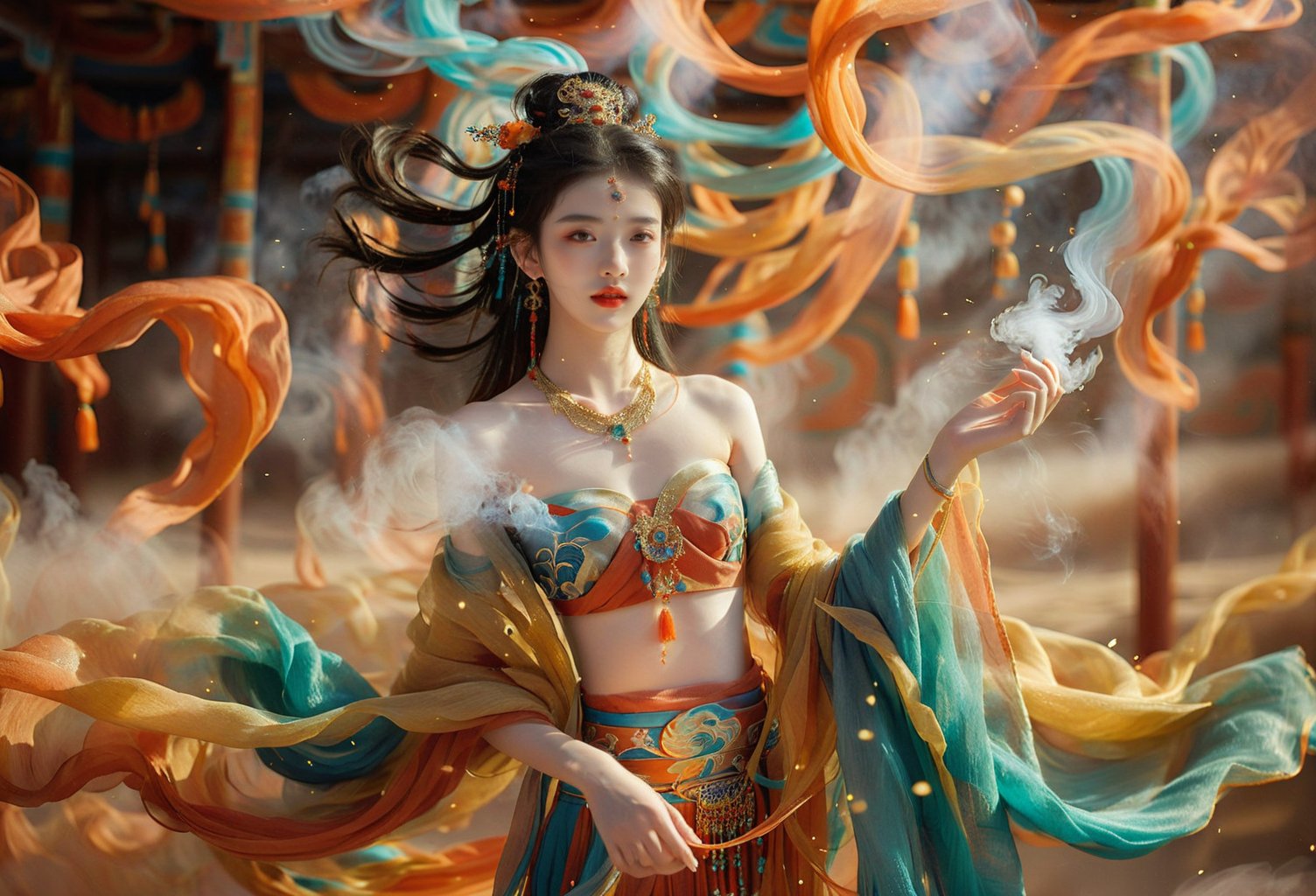 1girl, 16 years old, (beautiful girl), ethereal temperament, calm, solo, looking at the audience, black hair, bare shoulders, jewelry, standing, earrings, necklace, light particles, shawl, red lips, Dunhuang, smoke, Dunhuang