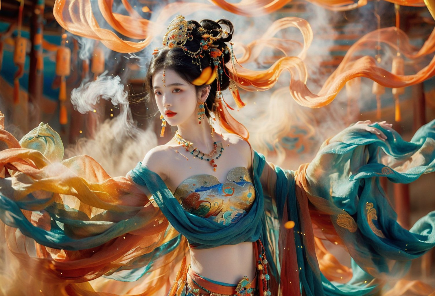 1girl, 16 years old, (beautiful girl), ethereal temperament, calm, solo, looking at the audience, black hair, bare shoulders, jewelry, standing, earrings, necklace, light particles, shawl, red lips, Dunhuang, smoke, Dunhuang