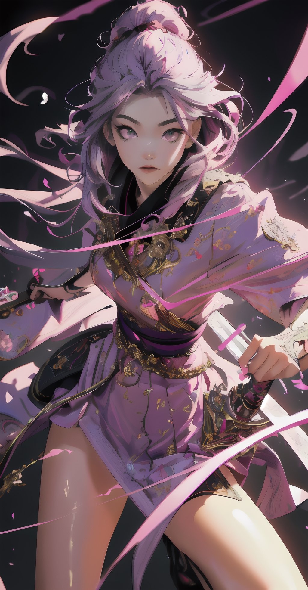 (masterpiece), 4k, extremely detailed and intricate, raytracting, depth_of_field, perfect lighting, perfect shadows, (1girl), (She has long light purple hair and pink eyes), (wielding a sword), perfect body proportions,battlefield,High detailed ,SAM YANG,FUJI