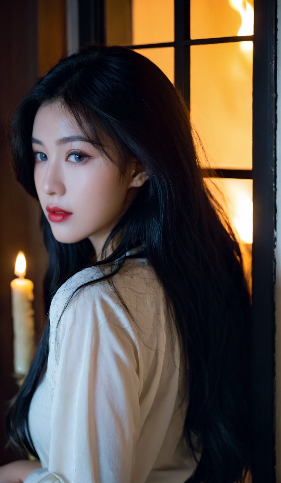 1girl, solo, long hair, looking at viewer, blue eyes, shirt, black hair, white shirt, parted lips, indoors, mole, lips, mole under eye, window, fire, nose, red lips, candle, from outside