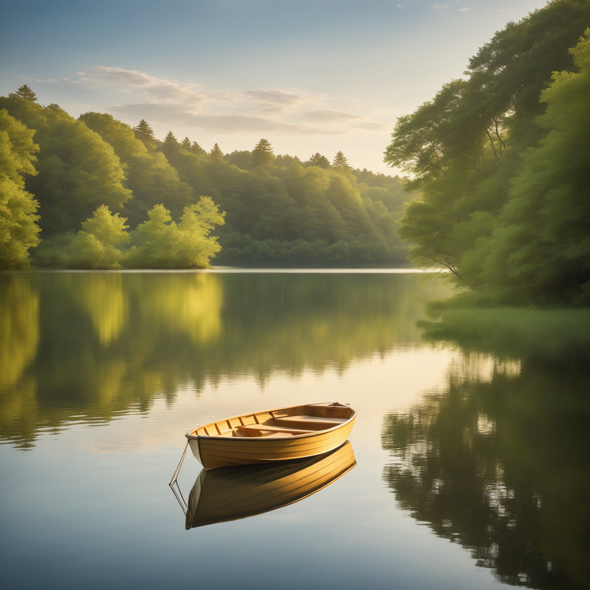 A tranquil lake scene with a small boat rippling in the center, calm water reflecting the sky, soft sunlight casting a golden hue, the boat slightly tilted, surrounded by lush green trees on the shore, a serene composition with a gentle focus on the water's surface.