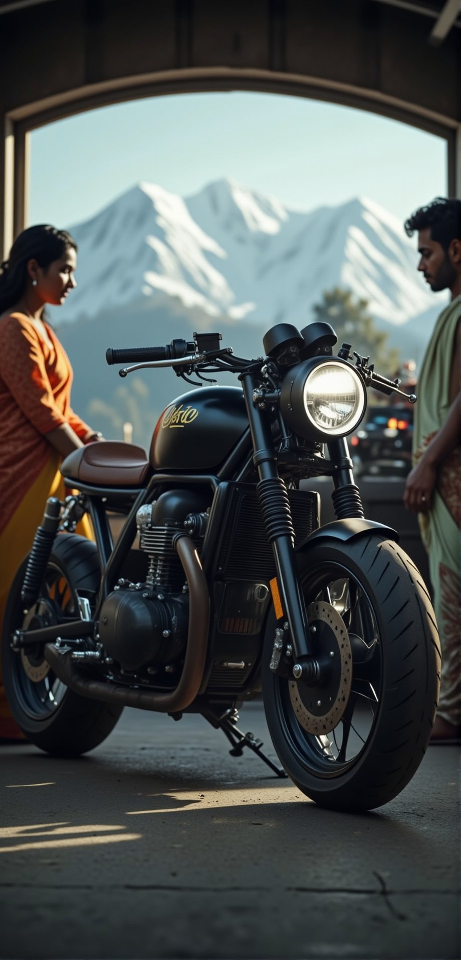 A cinematic shot frames a meticulously crafted cafe racer motorcycle standing proudly in a dimly lit garage. Soft, warm lighting bathes the woman in saree and her husband in the background, their figures subtly rendered. The black matte finish of the bike is flawless, showcasing intricate clubman bars and precisely detailed components. In the background, a serene snow-capped mountain range stretches towards the sky, adding depth to the composition. The motorcycle appears life-like, with perfectly rendered tires and suspension, as if it could roar to life at any moment.,desiespresso