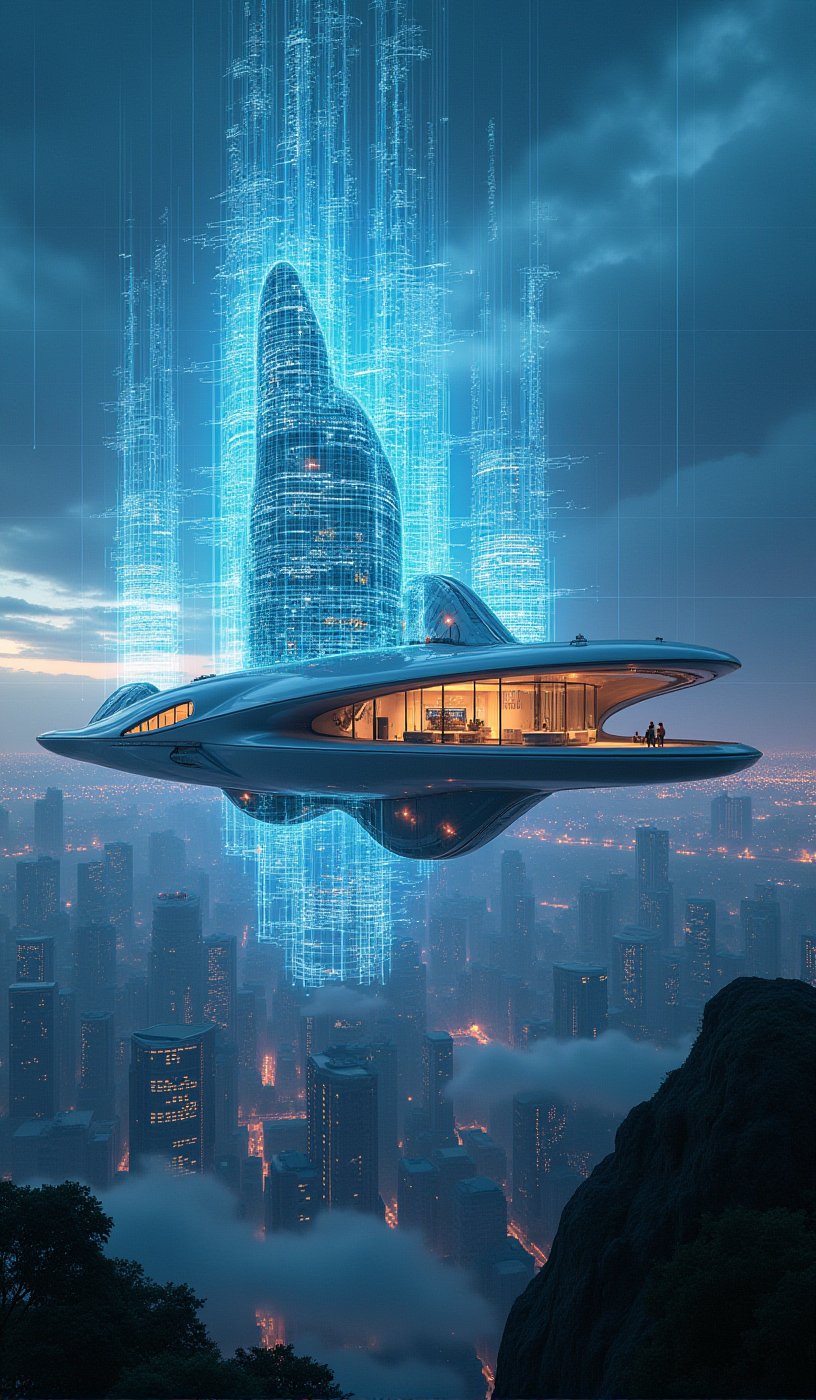 In a cinematic experience of exceptional quality, a masterpiece unfolds on the 8K wallpaper. The scene depicts a futuristic home, with holographic blueprints in mid-air, reflecting the avant-garde design of the architect. The front view showcases a sleek, floating house, suspended above a cityscape, radiating dynamic energy. Cyberpunk elements blend seamlessly with SF architecture, as numerous configuration notes and detailed designs come together to form a blueprint for the home of the future.