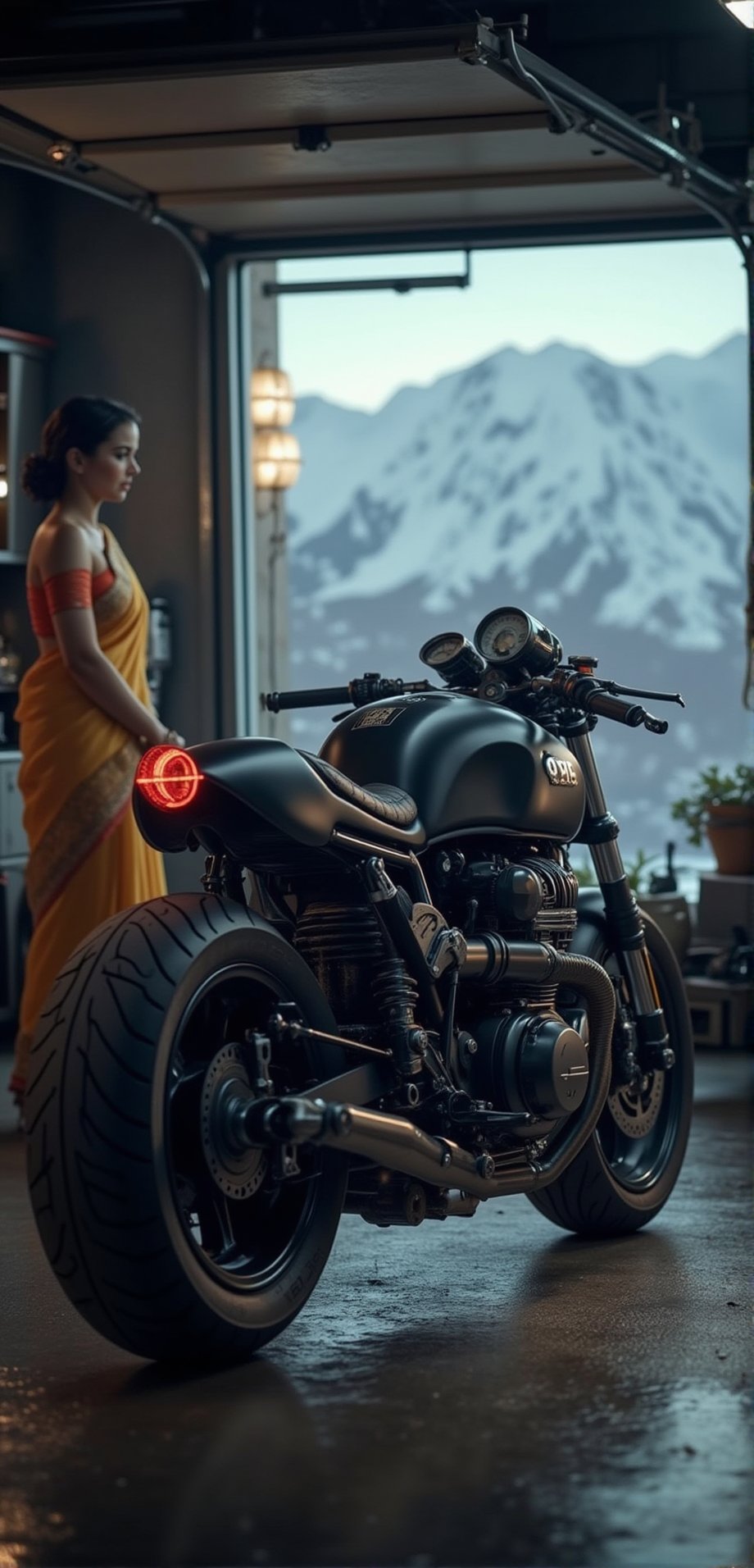 In a cinematic shot, a meticulously crafted cafe racer motorcycle stands proudly in a dimly lit garage and woman in saree and her husband   in background, bathed in aesthetically pleasing lighting. The bike's black matte finish is flawless, showcasing intricate clubman bars and precisely detailed components. In the background, a serene snow-capped mountain range stretches towards the sky, adding depth to the composition. The motorcycle itself appears life-like, with perfectly rendered tires and suspension, as if it could roar to life at any moment. The image is a masterpiece of realism, achieving an uncanny level of detail in both the bike and its surroundings, with resolutions ranging from 32K to 4K.