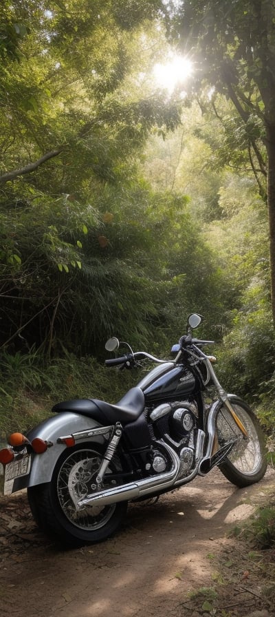 In this vivid scene, a regal Indian woman, effortlessly cool in vintage aviators, sits astride a well-worn motorcycle amidst the lush verdure of a tropical oasis. The warm sunlight casts a golden glow on the chrome accents, imbuing the bike with a sense of rugged charm. The soil beneath her feet is rich and fertile, while the surrounding foliage - dense and exotic - stretches towards the sky like nature's own cathedral. As the breeze rustles through the leaves, it's as if one could reach out and touch the supple leather seat or the intricate textures of the forest floor. Captured with stunning clarity by Sony A7 IV, this image invites the viewer to step into its lush world.