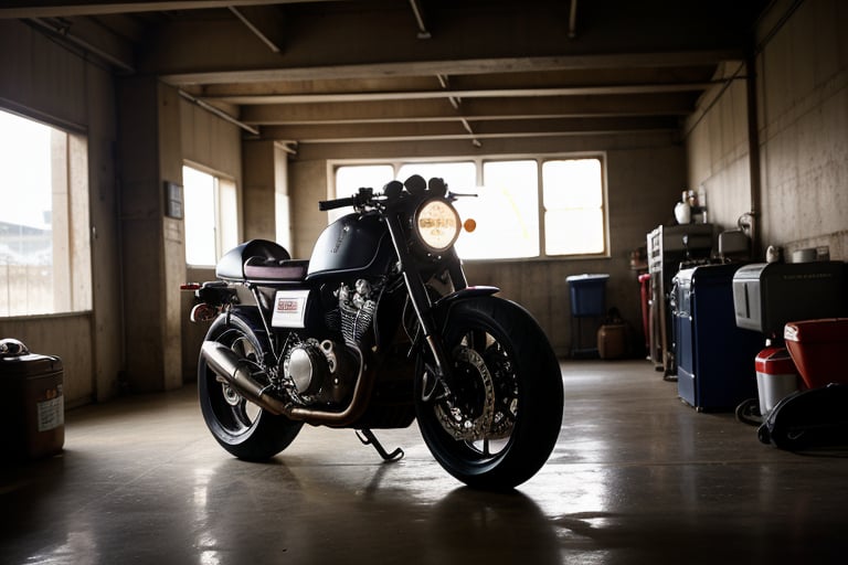 detailed image ,perfect image , life like image , detailed cafe racer standing in garage , aesthatic lighting , cinematic shot,