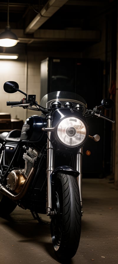 detailed image ,perfect image , life like image , detailed cafe racer standing in garage , aesthatic lighting , cinematic shot,