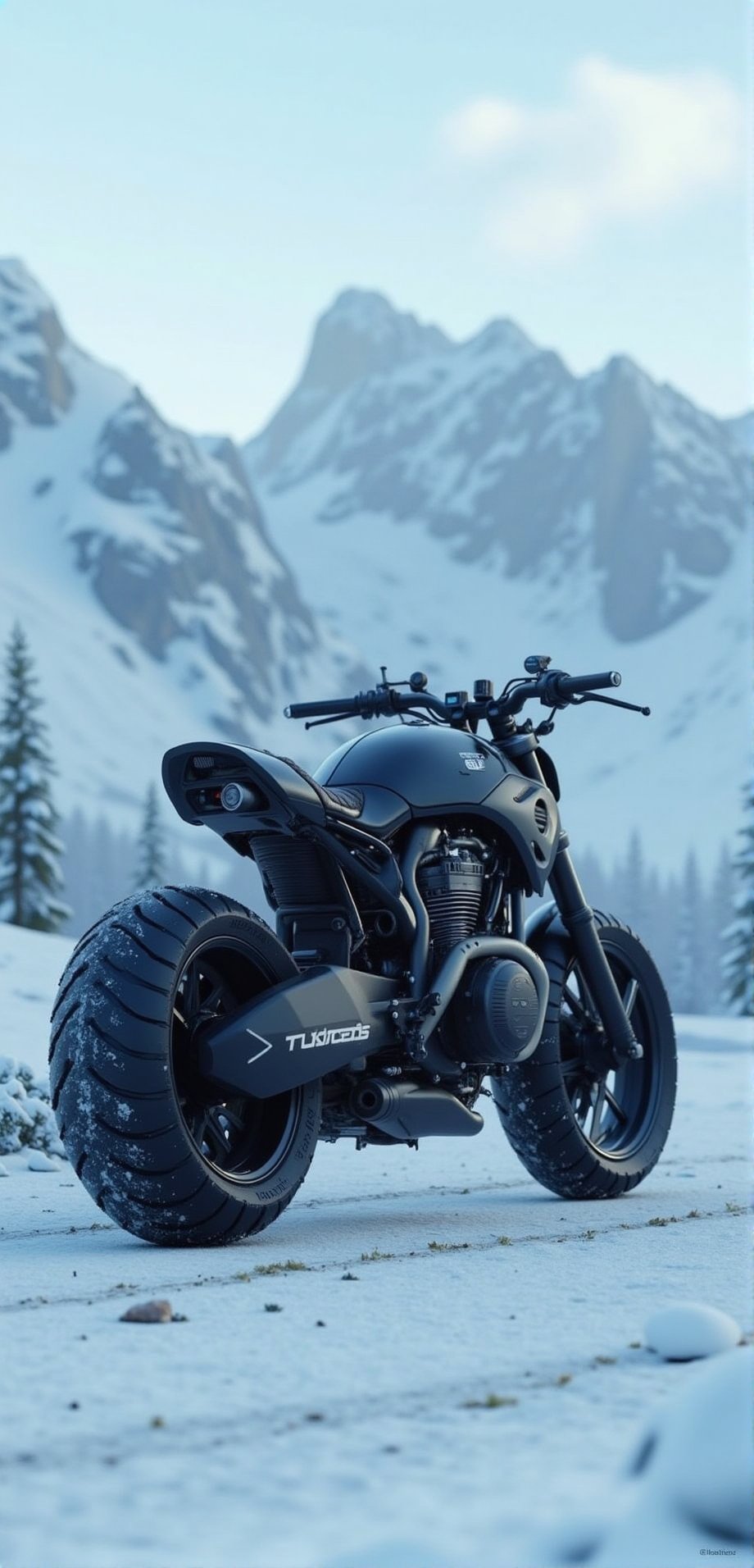 detailed futuriestic futuristic motorcycle, detailed matt finish , life like image , 32k,16k,8k,4k, detailed snow mountain in background , motorcycle standing on snow , perfect motorcycle , detailed tire , perfect suspansion , extremely detailed life like image