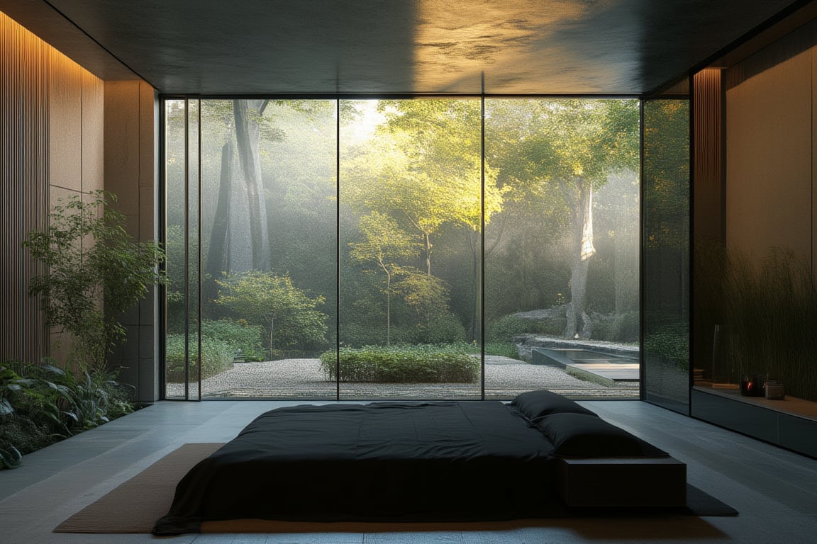 A sleek modern home with a minimalist aesthetic, bathed in the soft warmth of morning light. A Japanese-style low bed with a crisp black bed sheet dominates the center of the frame. The walls are a stunning glass panel, reflecting the lush greenery and natural light pouring in from behind. Plants sway gently in the subtle breeze, adding a touch of serenity to the scene.