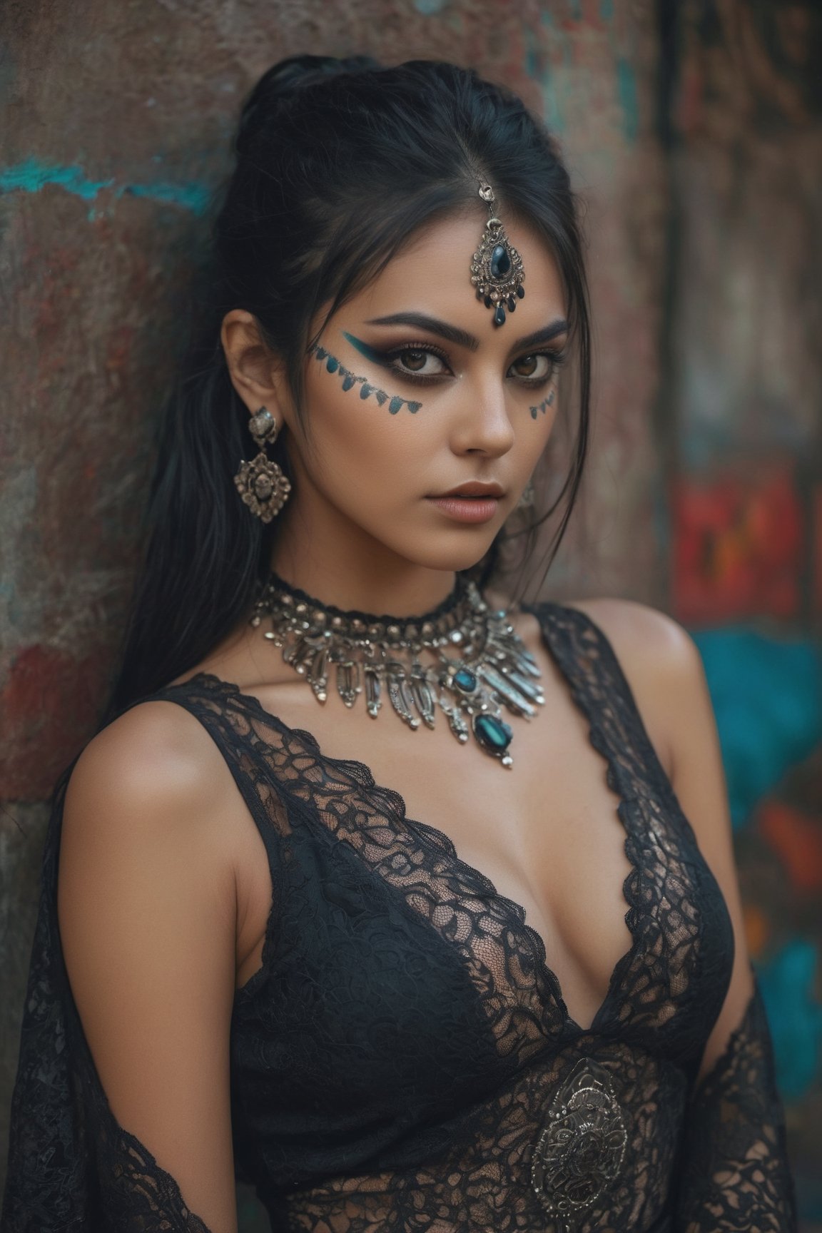 a mid-body shot, upto waist , of an Mexican girl, showing deep cleavage, with obsidian eyes, a Mexican warrior goddess, a Mexican princess portrait, a goddess, wearing a black lace dress, day of the dead full face skull paint, dynamic pose, psychedelic colour background, colourful digital fantasy art, blur background soft film grading, cinematic, 8k highly detailed digital art, beautiful digital artwork, photo real, depth of filed, (high detailed skin:1.2), realistic eyes, 8k UHD,  DSLR,  soft lighting,  high quality,aesthetic portrait