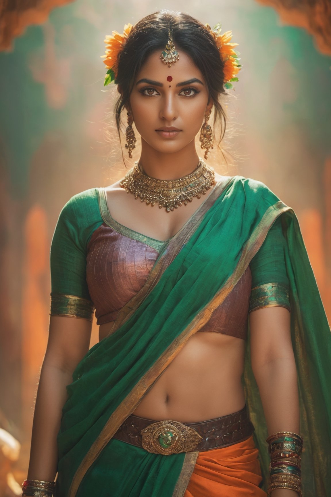 a mid-body shot of a fair indian priestess, shot upto waist, with emerald eyes, a warrior goddess, a princess portrait, a goddess, showing huge cleavage, boobs, belly button, wearing an orange saree, dynamic pose, psychedelic colour background, colourful digital fantasy art, soft film grading, cinematic, 8k highly detailed digital art, beautiful digital artwork, photo real, depth of filed, (high detailed skin:1.2), realistic eyes, 8k UHD,  DSLR,  soft lighting,  high quality,aesthetic portrait, front facing , blur background 