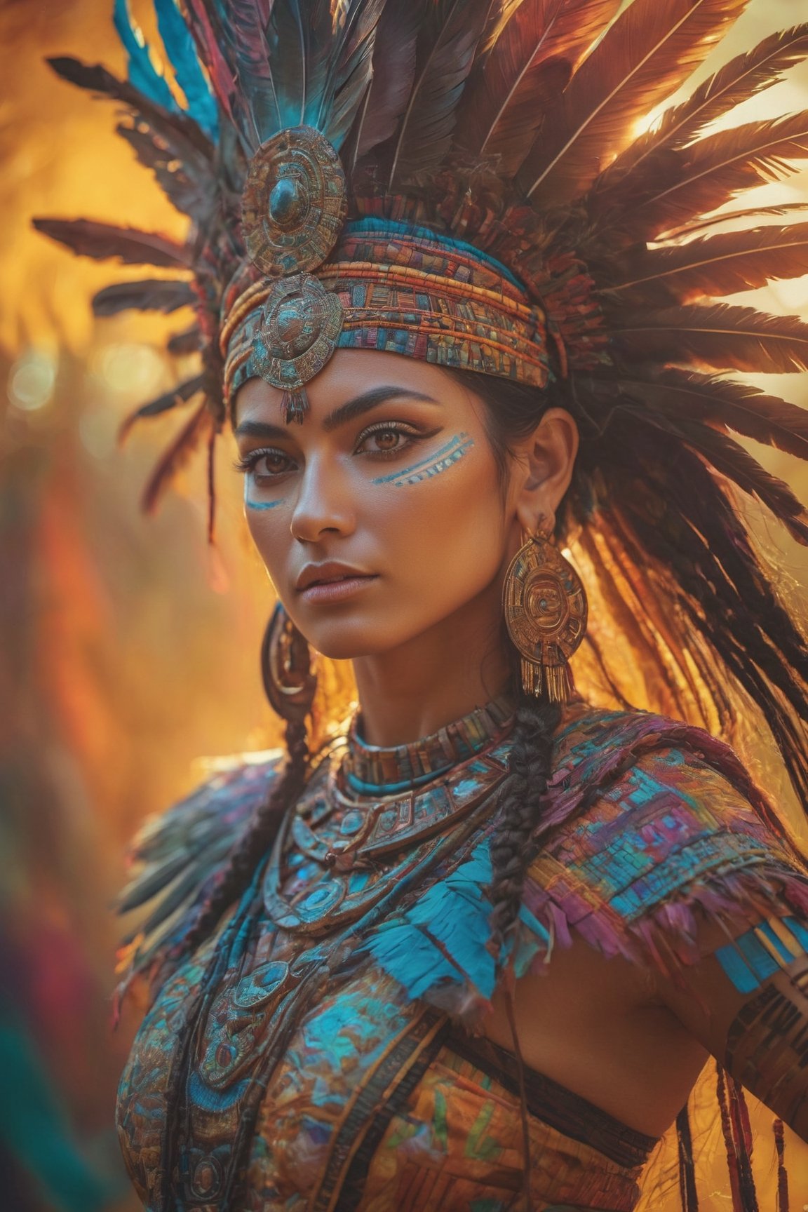 a mid-body shot of a Mayan priestess, with hazel eyes, a Mayan warrior goddess, a Mayan princess portrait, a Mayan sun goddess, wearing a Mayan dress, dynamic pose, psychedelic colour background, colourful digital fantasy art, soft film grading, cinematic, 8k highly detailed digital art, beautiful digital artwork, photo real, depth of filed, (high detailed skin:1.2), realistic eyes, 8k UHD,  DSLR,  soft lighting,  high quality,aesthetic portrait