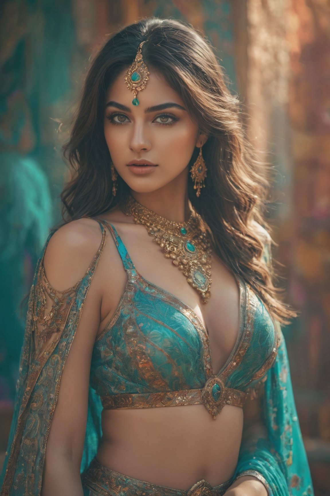 a mid-body shot of a fair middle Eastern girl, shot upto waist, showing deep cleavage, boobs, with turquoise eyes, a warrior goddess, a muslim princess portrait, make-up, wearing a transparent outfit, dynamic pose, psychedelic colour background, colourful digital fantasy art, soft film grading, cinematic, 8k highly detailed digital art, beautiful digital artwork, photo real, depth of filed, (high detailed skin:1.2), realistic eyes, 8k UHD,  DSLR,  soft lighting,  high quality,aesthetic portrait, blur background 