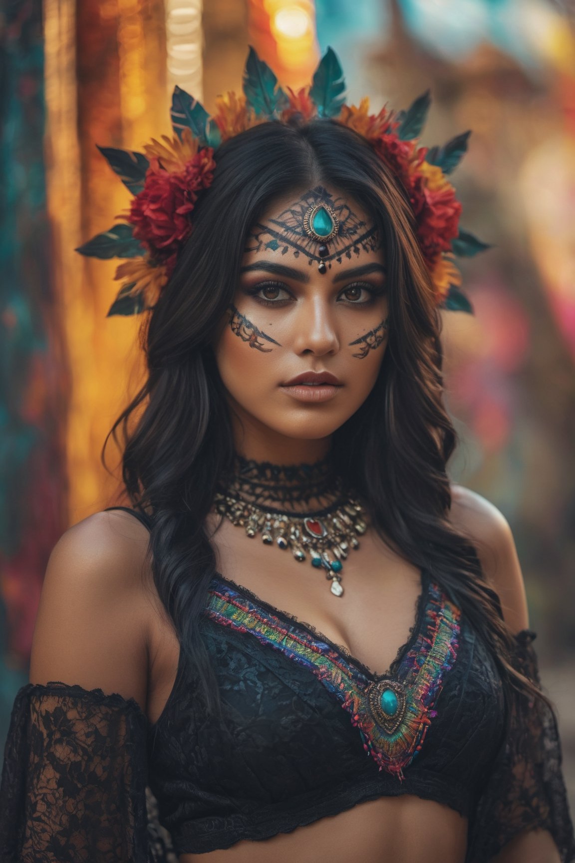 a mid-body shot, upto waist , of an Mexican girl, showing deep cleavage, with obsidian eyes, a Mexican warrior goddess, a Mexican princess portrait, a goddess, wearing a black lace dress, day of the dead face paint, dynamic pose, psychedelic colour background, colourful digital fantasy art, blur background soft film grading, cinematic, 8k highly detailed digital art, beautiful digital artwork, photo real, depth of filed, (high detailed skin:1.2), realistic eyes, 8k UHD,  DSLR,  soft lighting,  high quality,aesthetic portrait