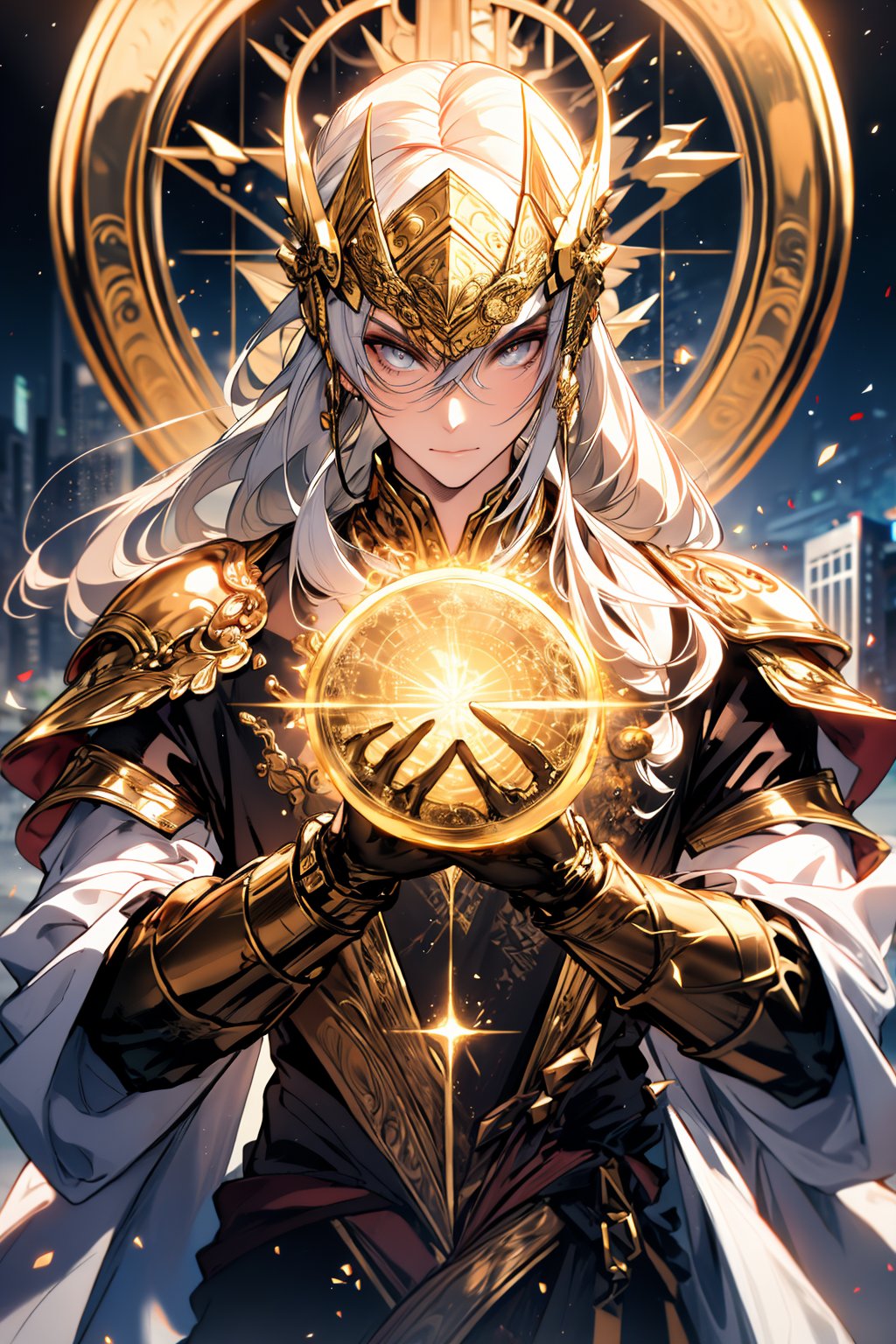 masterpiece, best quality, photorealistic, raw photo, (1 boy, looking at viewer), ((extreme long hair)), mechanical gold armor, intricate armor, delicate gold filigree, intricate filigree, gold helmet, gold metalic parts, detailed part, dynamic pose, detailed background, dynamic lighting, Grey Hair, Grey eyes, beautiful golden city with skyscrapers in the background, night time