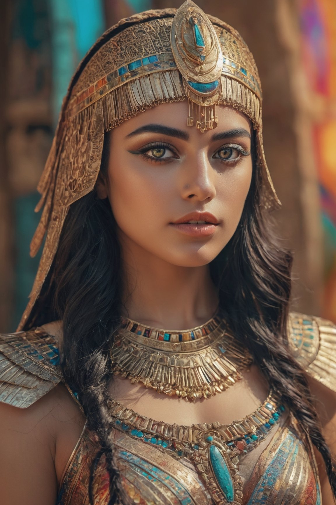 a face shot of a fair Egyptian girl, with black eyes, a warrior goddess, an ancient princess portrait, make-up, wearing a transparent outfit, dynamic pose, psychedelic colour background, colourful digital fantasy art, soft film grading, cinematic, 8k highly detailed digital art, beautiful digital artwork, photo real, depth of filed, (high detailed skin:1.2), realistic eyes, 8k UHD,  DSLR,  soft lighting,  high quality,aesthetic portrait, face close-up , face portrait , face only 