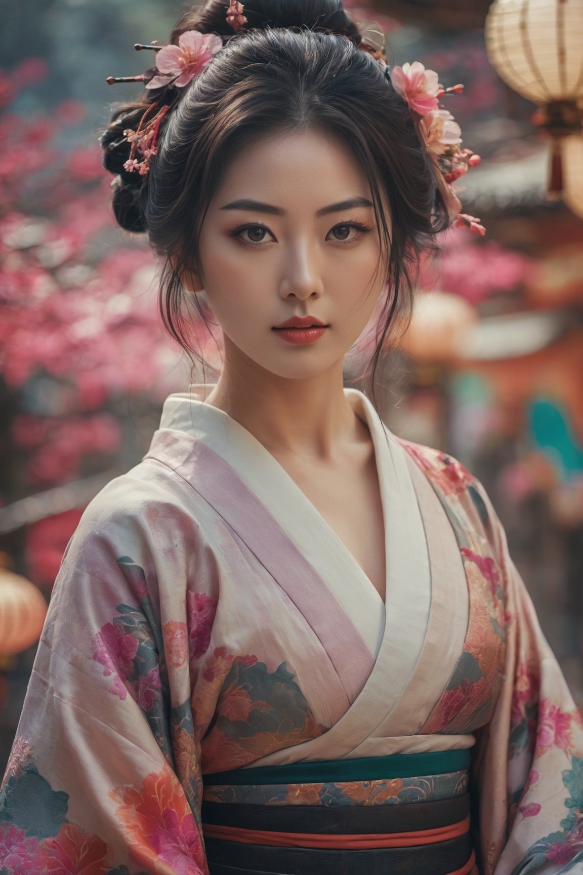 a mid-body shot of a fair Japanese girl, shot upto waist, with obsidian eyes, a warrior goddess, a geisha portrait, a goddess, showing huge cleavage, boobs, wearing a kimono, geisha makeup, dynamic pose, psychedelic colour background, colourful digital fantasy art, soft film grading, cinematic, 8k highly detailed digital art, beautiful digital artwork, photo real, depth of filed, (high detailed skin:1.2), realistic eyes, 8k UHD,  DSLR,  soft lighting,  high quality,aesthetic portrait, front facing , blur background 