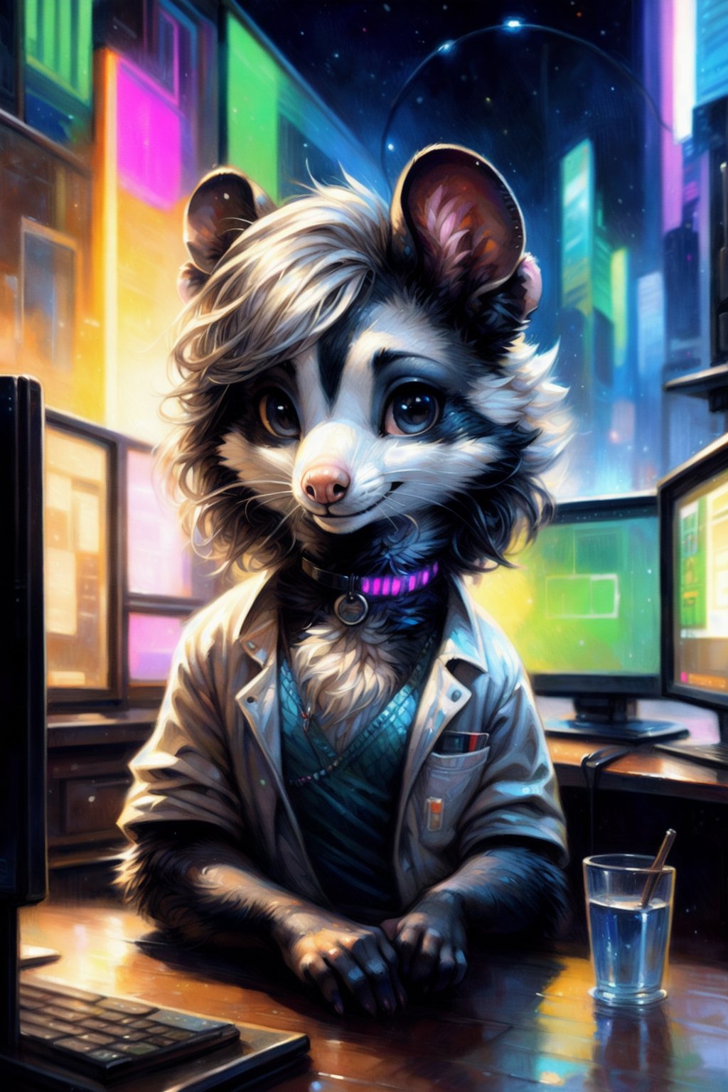 by kenket, by totesfleisch8, (by thebigslick, by silverfox5213:0.8), (by syuro:0.2), (by qupostuv35:1.2), (hi res), ((masterpiece)) , ((best quality)), illustration, furry, opossum, animal ears, body fur, 1boy, 1girl, solo, white hair, short hair, shaggy hair, black eyes, looking at viewer, smile, opossum person, (((androgynous))), young adult, room and city, (((night, RGB lights, warm colors, lofi))), ((room with computers)), screen lights, choker, lab coat, chill pose, femboy clothes, lofi 8bits, furry anthropomorphic opossum, furry opossum nose, ((gray fur, black hands, pink fingers)), FurryCore,FurryCore