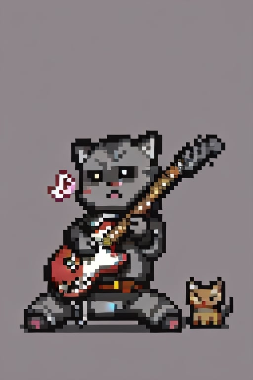 a cute cat playing guitar surrounded by black music notes in grey background, pixel art.,Pixel art,pixelpainful