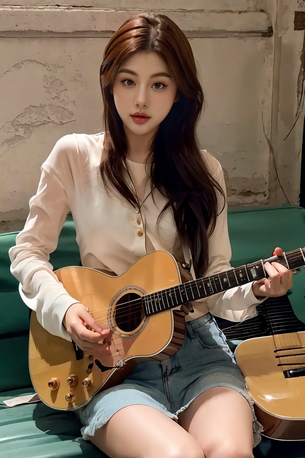 High Definition, 8K Ultra HD, Express a beautiful girl sitting on a bench and playing guitar